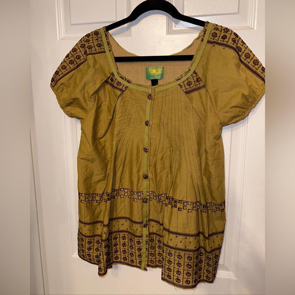 Unique Tracy Porter S olive Green  Brown Embellished Pleated Sq Neck Cotton Top